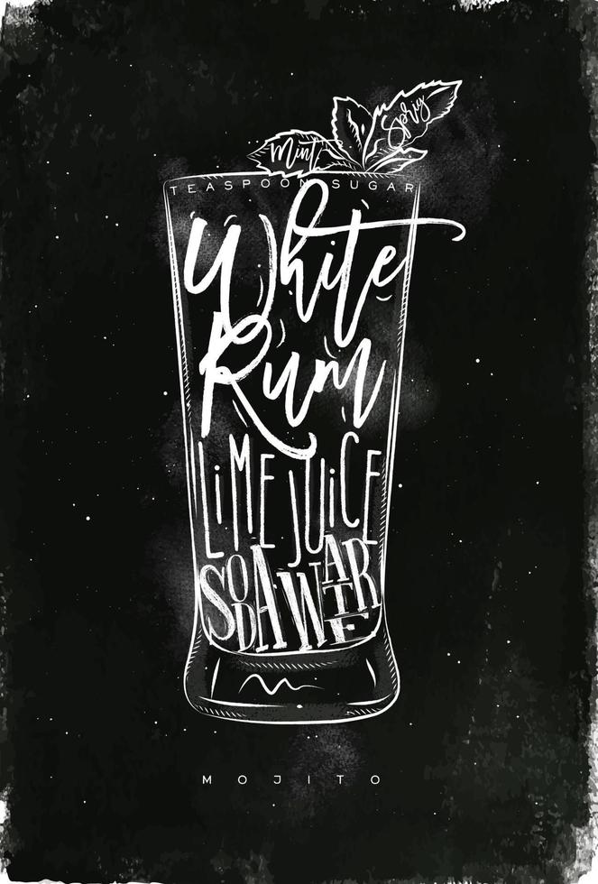 Mojito cocktail lettering cucchiaino zucchero, bianca Rum, lime succo, bibita acqua nel Vintage ▾ grafico stile disegno con gesso su lavagna sfondo vettore