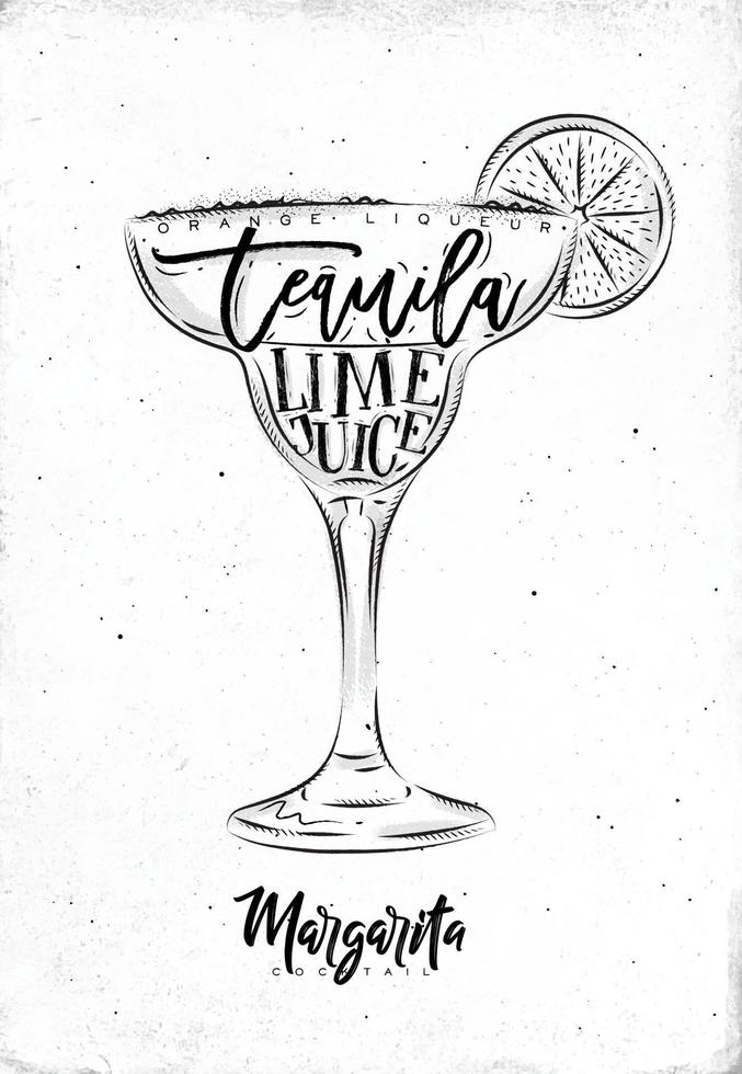 cocktail margarita lettering liquore all'arancia, tequila, succo di lime in stile grafico vintage disegno sporco su sfondo di carta vettore