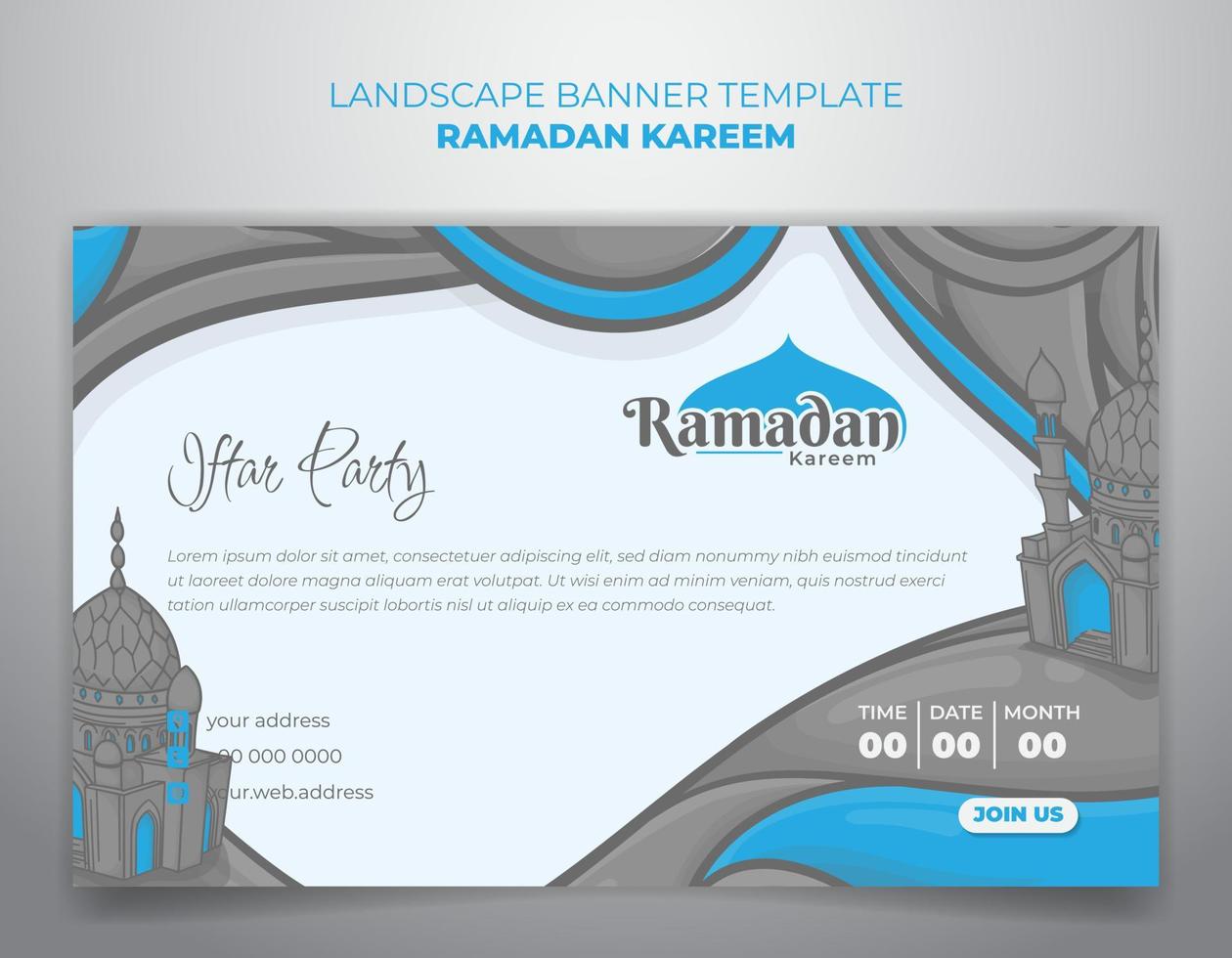 paesaggio bandiera modello con cartone animato moschea e sfondo design per Ramadan kareem vettore