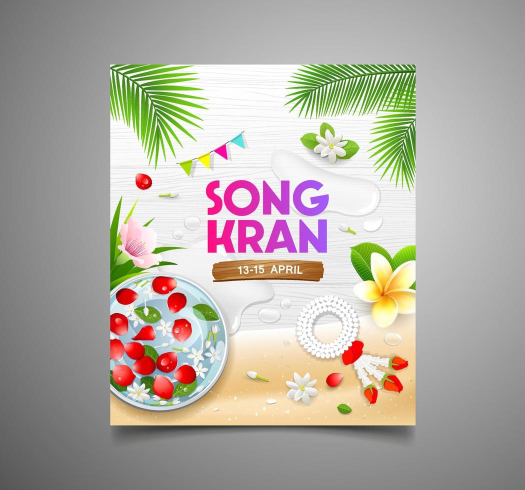 Songkran Festival Tailandia rosa petali nel ciotola e tailandese fiori Noce di cocco foglia, manifesto aviatore design su bianca legna sfondo, eps 10, vettore illustrazione