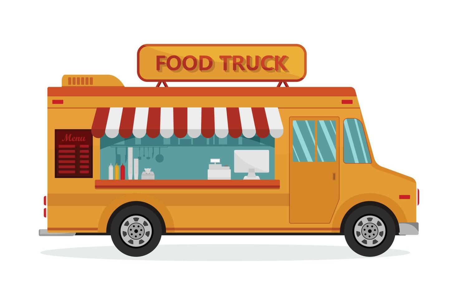 cibo camion, strada cibo, cucina trailer furgone illustrazione, minivan, ristorante consegna servizio furgone vettore