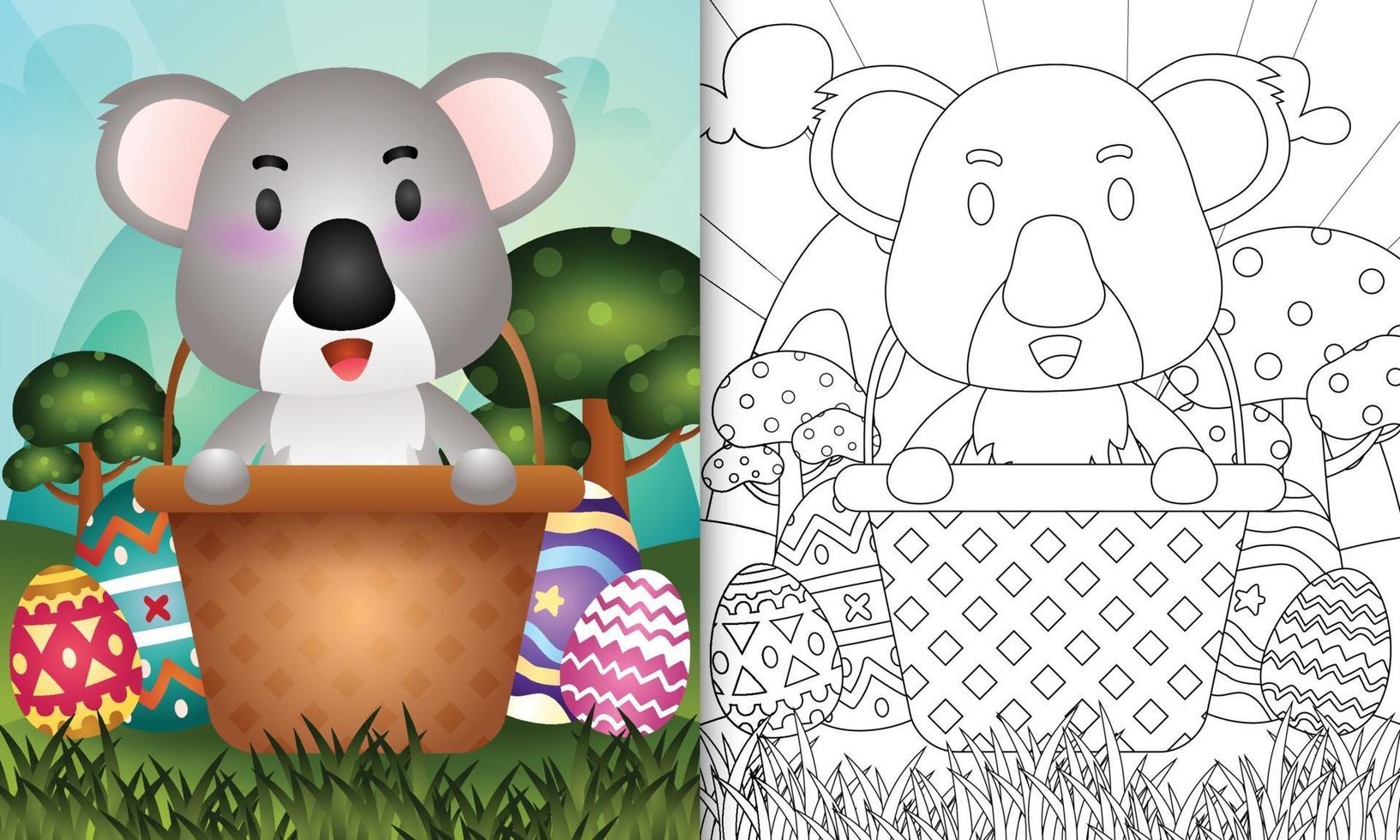 libro da colorare per bambini felice giorno di pasqua a tema con illustrazione del personaggio di un simpatico koala nel secchio dell'uovo vettore