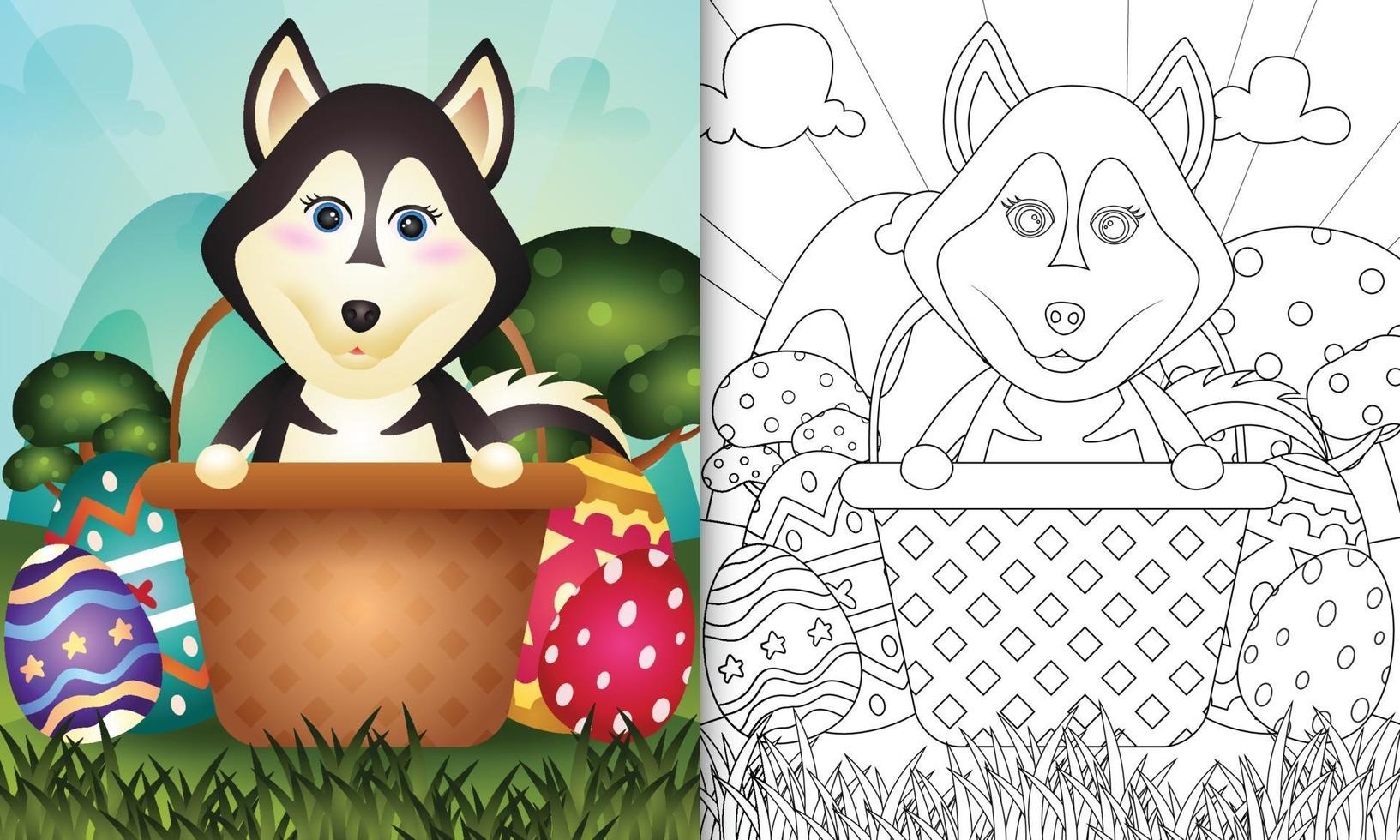 libro da colorare per bambini a tema felice giorno di pasqua con il personaggio illustrazione di un simpatico cane husky nel secchio dell'uovo vettore