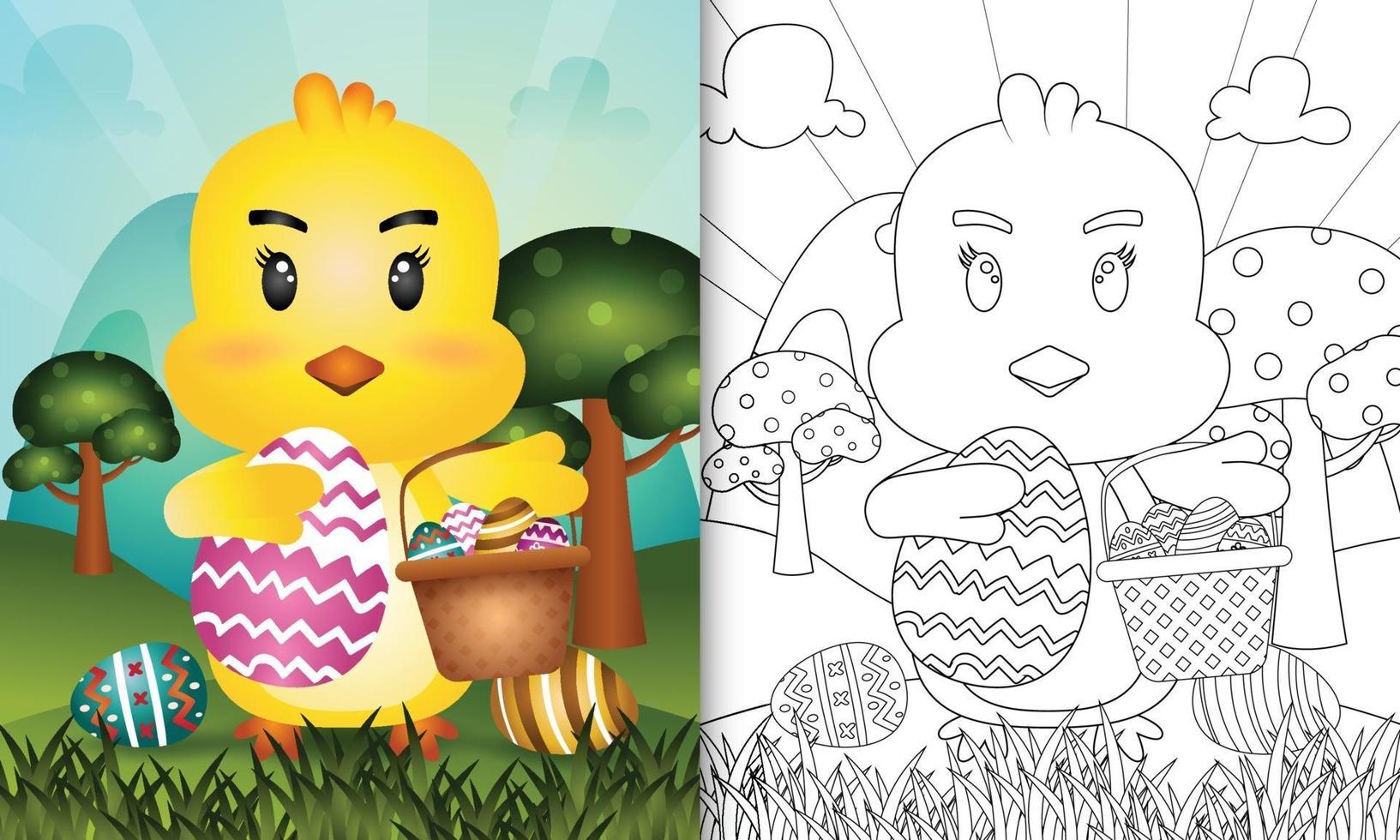 libro da colorare per bambini a tema felice giorno di pasqua con personaggio illustrazione di un simpatico pulcino che tiene il secchio uovo e uovo di Pasqua vettore