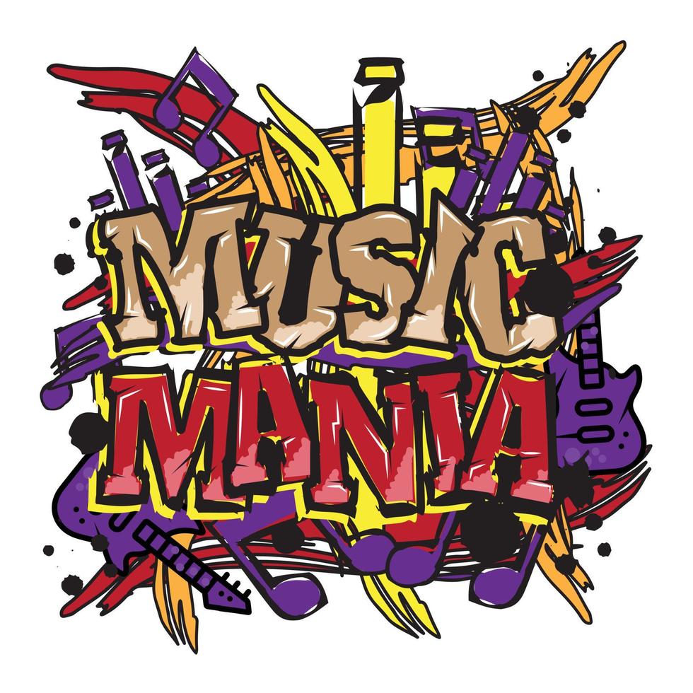 'musica mania' tipografia con graffiti stile e grunge effetti vettore illustrazione testo arte su bianca sfondo.