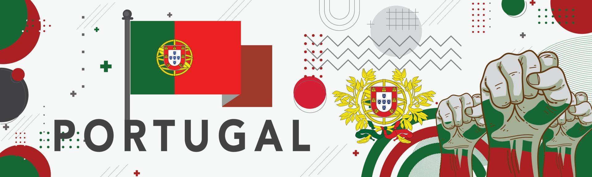 Portogallo nazionale giorno bandiera design. portoghese bandiera e carta geografica tema con Lisbona punti di riferimento sfondo. astratto geometrico retrò forme di rosso e verde colore. vettore illustrazione. portoghese.