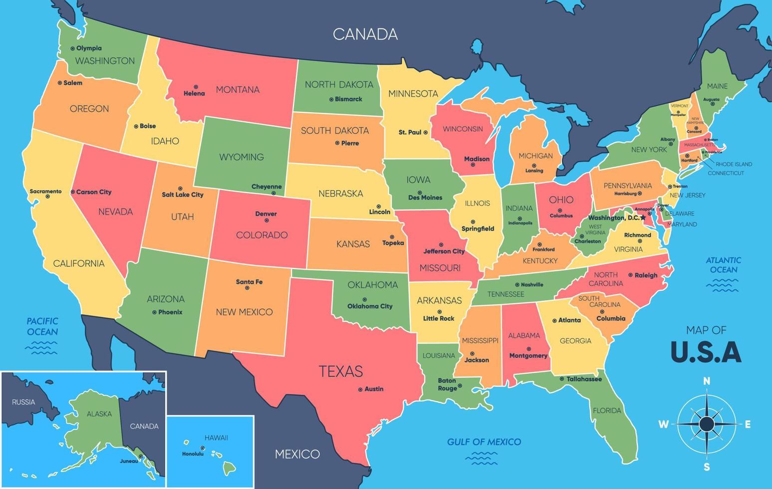 carta geografica di Stati Uniti d'America con circostante frontiere e stati vettore