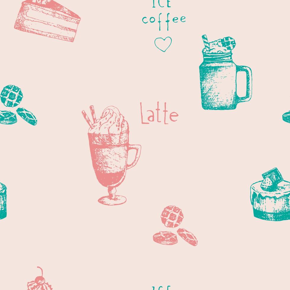 senza soluzione di continuità modello con ghiacciato caffè e latte macchiato. illustrazione bicchiere e vaso con caffè, cialde e torte nel schizzo incisione stile. Vintage ▾ blu e rosa tazze con caffè su vaniglia sfondo. vettore