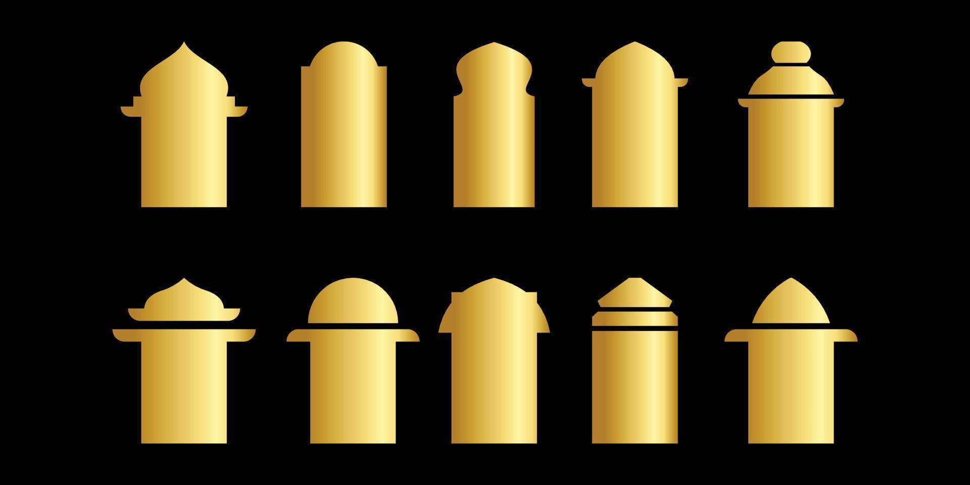 islamico porta e Arabo finestra. islamico moschea telaio. musulmano orientale forma design per Ramadan nel d'oro colore vettore