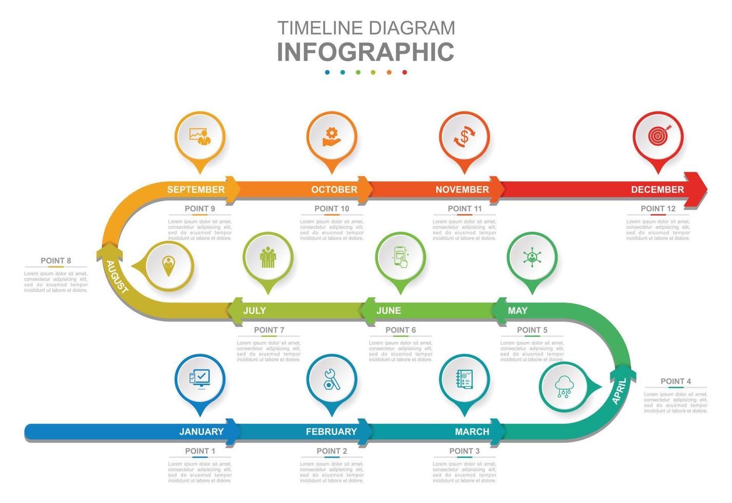 Infografica attività commerciale modello. 12 mesi moderno sequenza temporale diagramma calendario con frecce. concetto presentazione. vettore