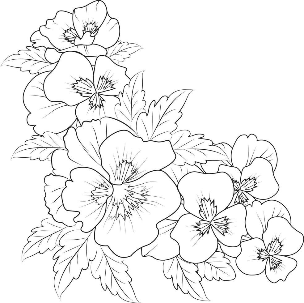 realistico viola del pensiero fiore colorazione pagine viola del pensiero fiore tatuaggio disegno, oro strass disegno, fiore grappolo disegno, carino fiore colorazione pagine, illustrazione vettore arte, nero viola del pensiero tatuaggio.