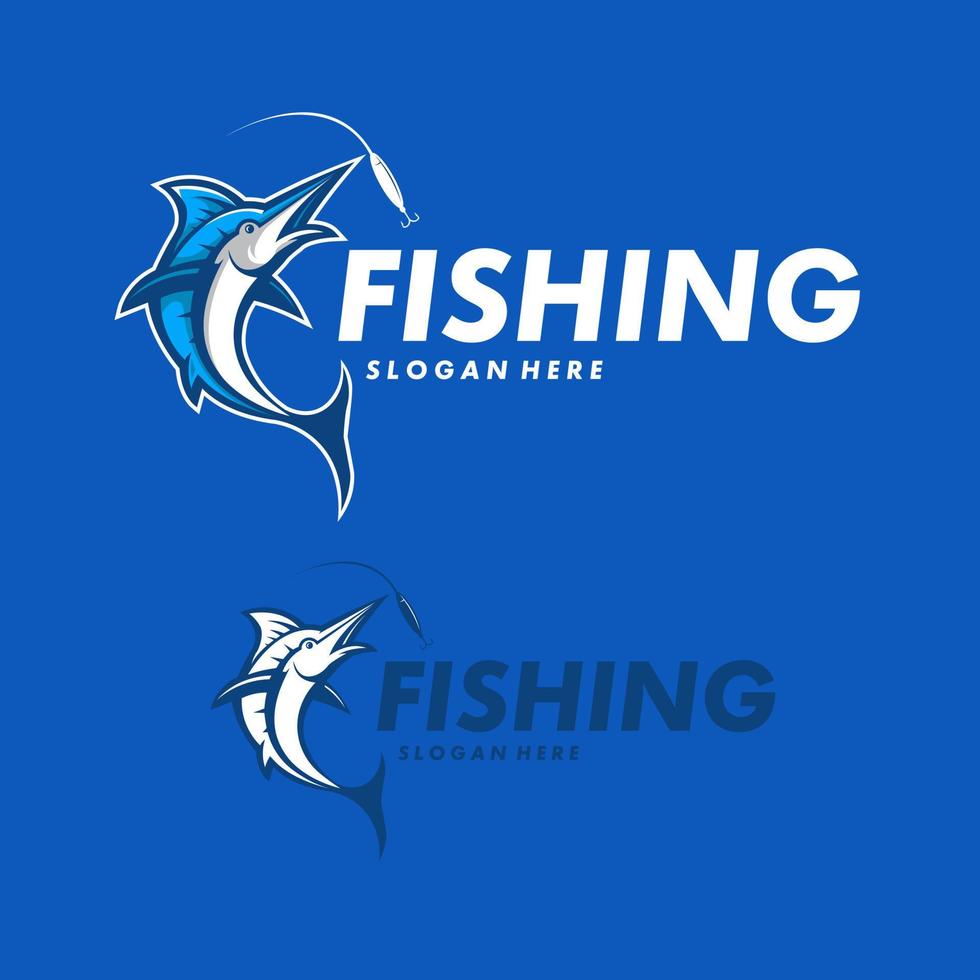 pesca logo design illustrazione vettore. Marlin mangia il pesca esca vettore