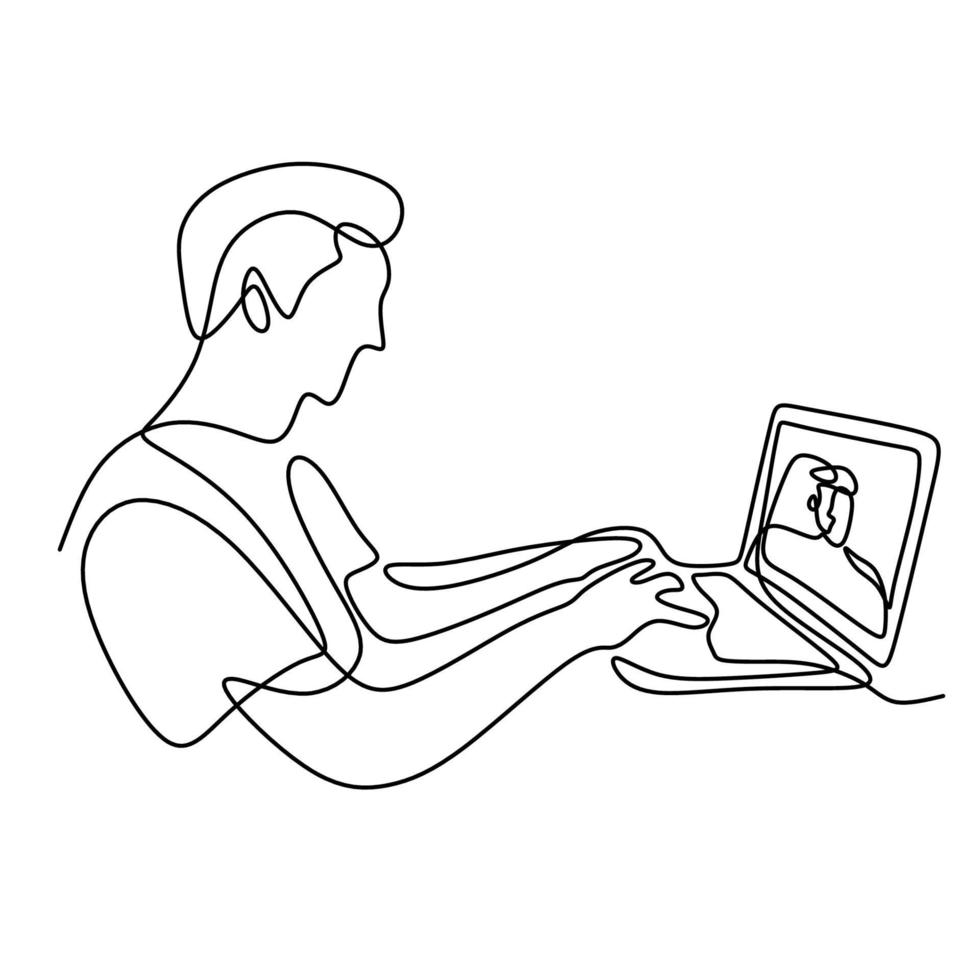 uomo che lavora o impara da casa con videoconferenza online sul laptop design minimalista disegnato a mano su una linea continua. videochiamata zoom isolato su sfondo bianco. illustrazione vettoriale