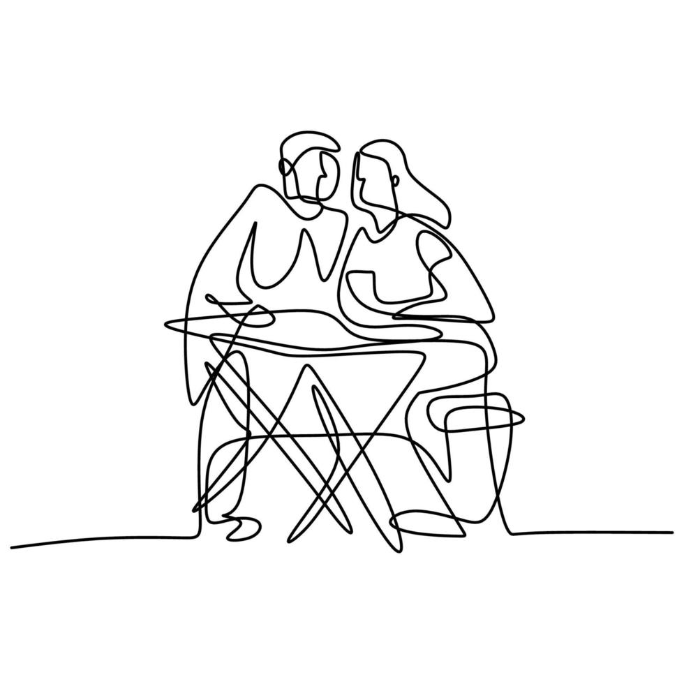 disegno continuo di una giovane coppia romantica felice cena con tavolo e vino. coppia maschio e femmina facendo appuntamento e cena insieme. il concetto di amore, appuntamenti e ristorante vettore