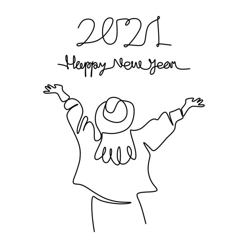 il disegno continuo di una linea di donna celebra il nuovo anno 2021. felice giovane ragazza alzarsi e alzare le mani per dare il benvenuto al nuovo anno. anno nuovo, nuova speranza. anno del toro. illustrazione vettoriale