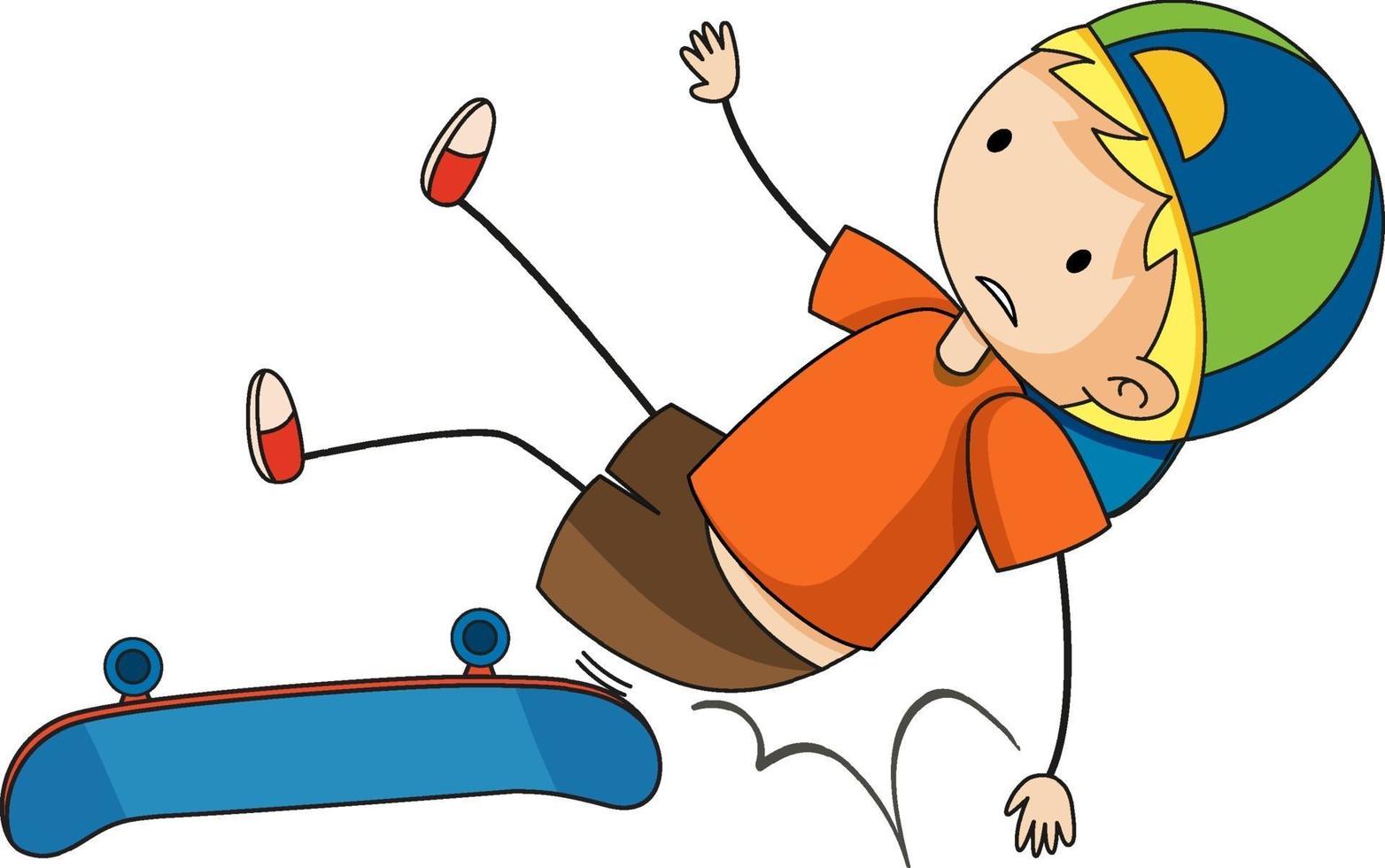 Doodle personaggio dei cartoni animati di un ragazzo che cade sul suo skate vettore