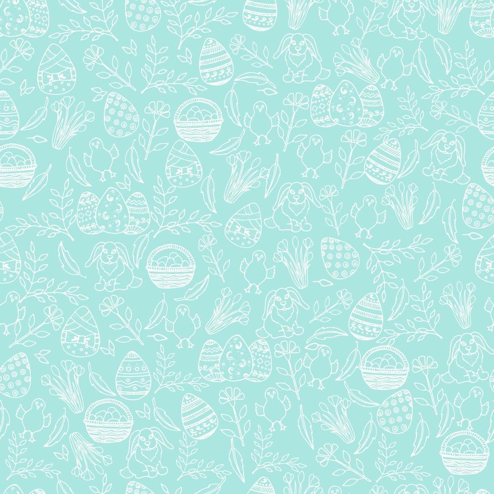 Pasqua seamless pattern con simboli pasquali nello stile di abbozzo. layout per le vacanze. il modello senza cuciture può essere utilizzato per riempimenti a motivo, carta da parati, sfondo della pagina web, trame di superficie. vettore