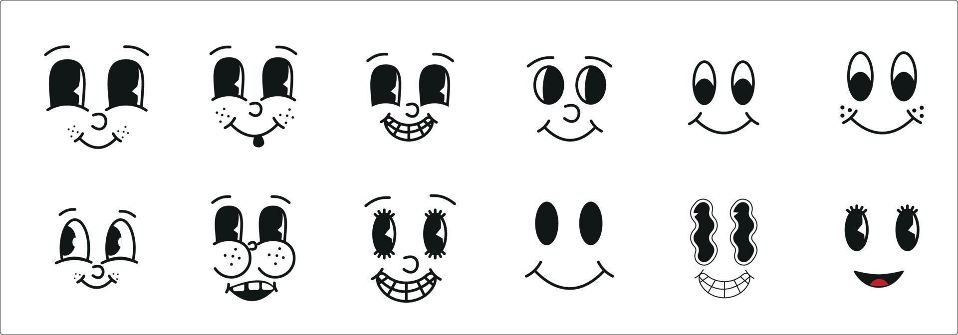 set di facce buffe di personaggi mascotte dei cartoni animati retrò anni '30. Elementi di occhi e bocche di animazione degli anni '50 e '60. modello di sorrisi comici vintage. caricature con emozioni felici. clipart vettoriali disegnati a mano.