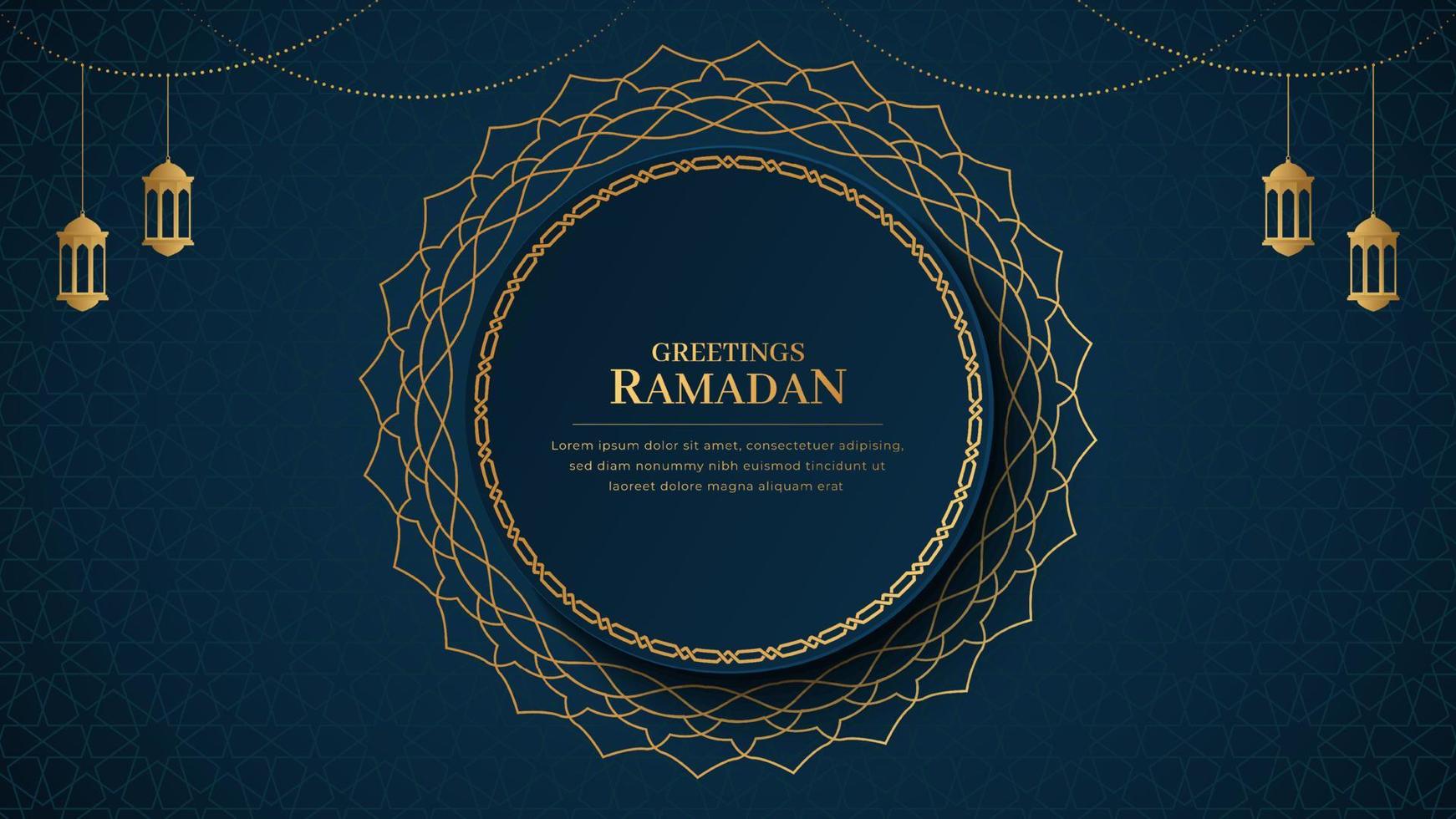 contento Ramadan kareem islamico Arabo blu lusso sfondo con geometrico modello e lanterne vettore