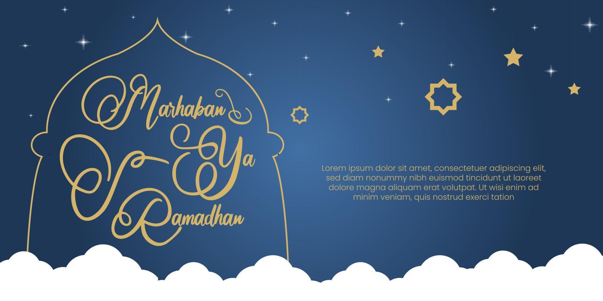 Ramadhan mubarak blu saluti. marhaban ya Ramadhan saluto con mano lettering calligrafia e illustrazione. tradotto contento santo Ramadan vettore