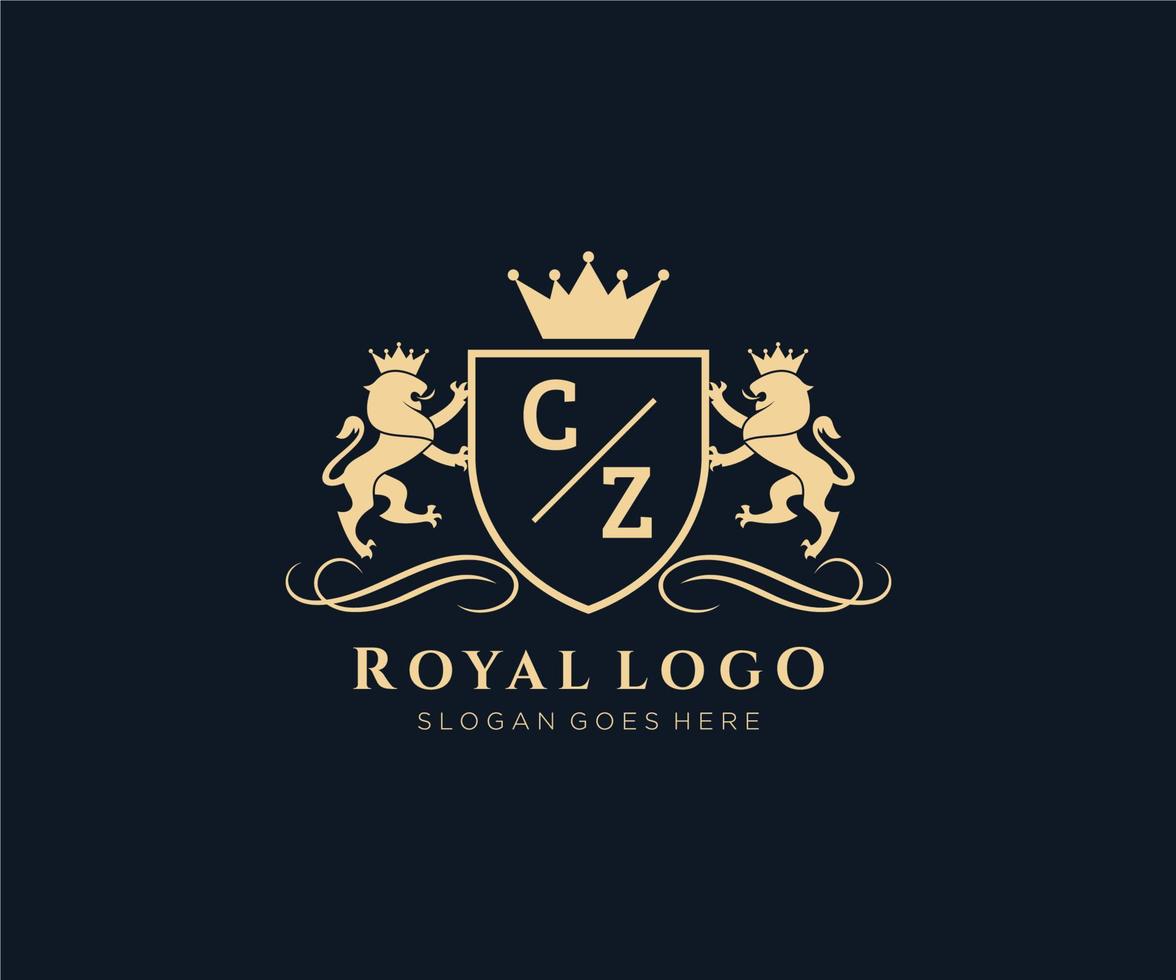 iniziale cz lettera Leone reale lusso stemma araldico logo modello nel vettore arte per ristorante, regalità, boutique, bar, Hotel, araldico, gioielleria, moda e altro vettore illustrazione.
