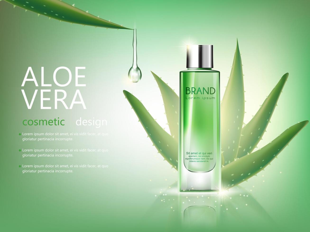 mockup cosmetico di aloe vera bottiglia vettoriale su sfondo verde, con il tuo marchio, pronto per la stampa di annunci o il design di una rivista. trasparente e brillante, stile 3d realistico