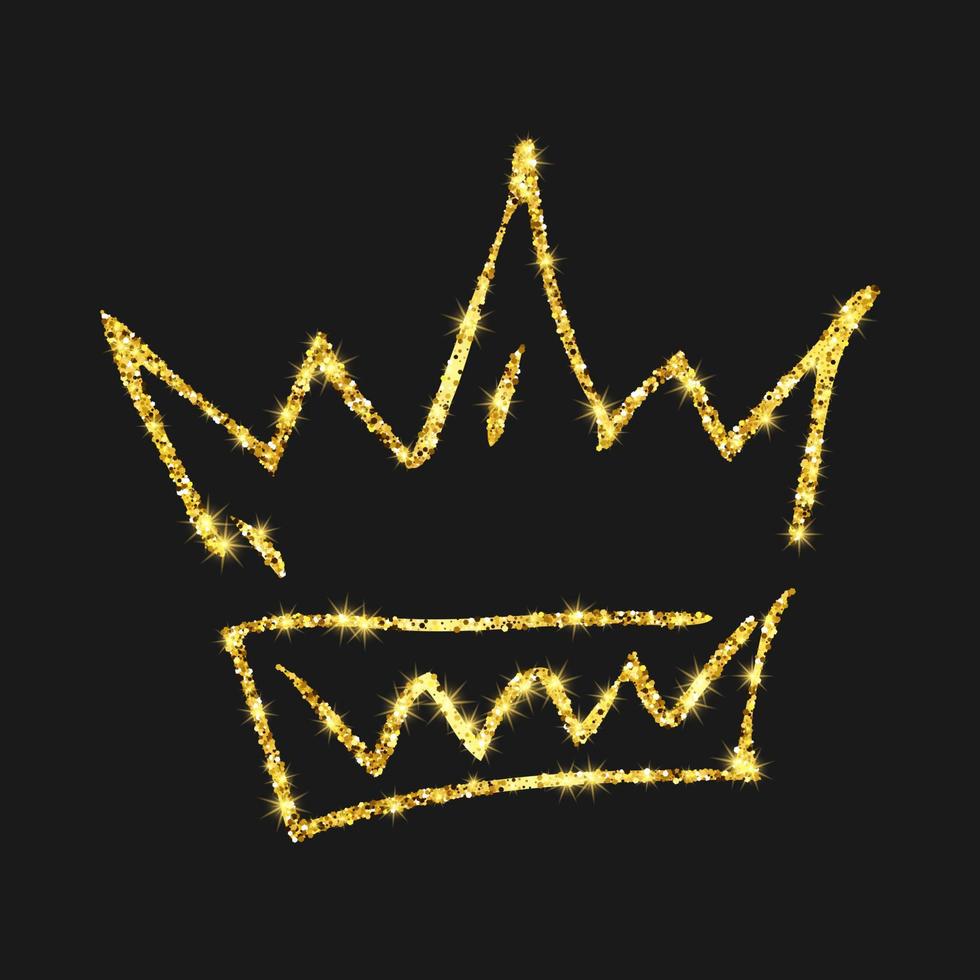 oro luccichio mano disegnato corona. semplice graffiti schizzo Regina o re corona. reale imperiale incoronazione e monarca simbolo isolato su buio sfondo. vettore illustrazione.