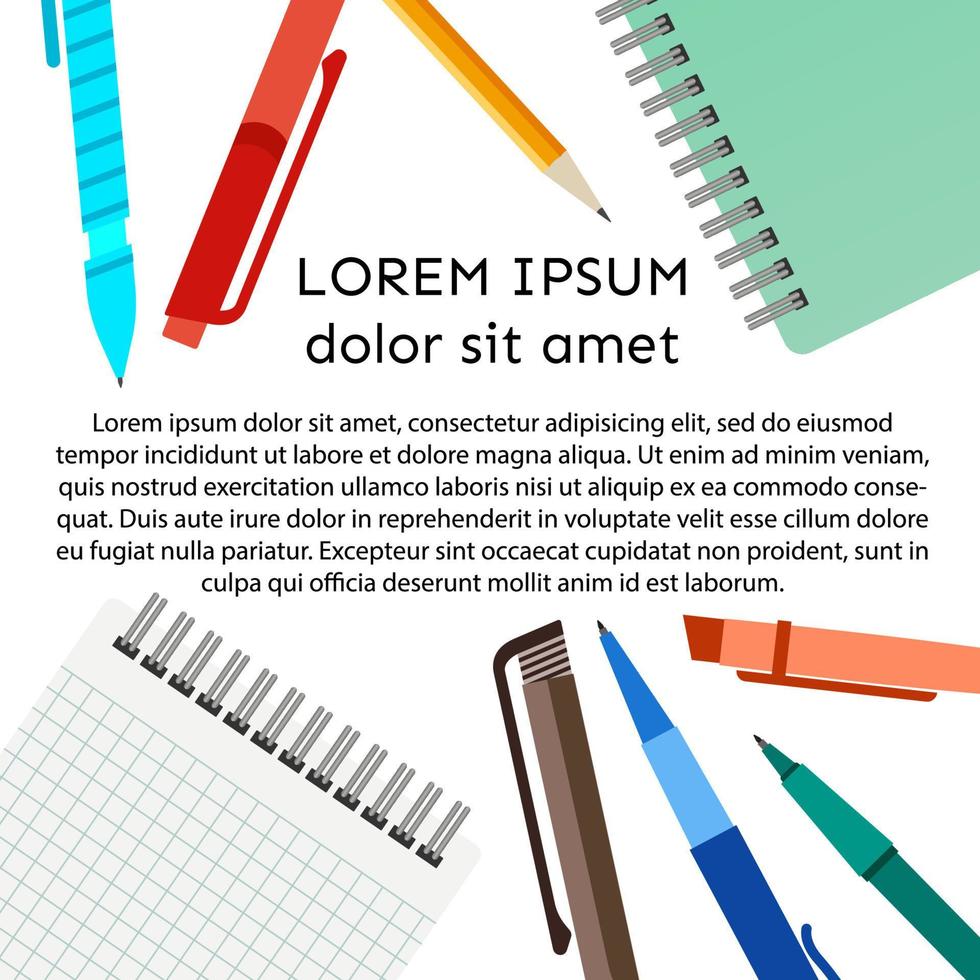 sfondo con taccuino, penne, matite e posto per il tuo testo. vettore illustrazione.