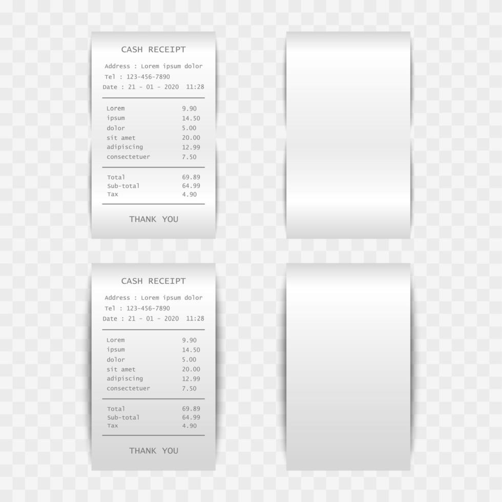 ricevuta di cassa fattura cartacea isolata, illustrazione vettoriale
