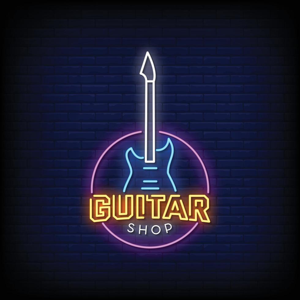 vettore del testo di stile delle insegne al neon del logo del negozio di chitarra