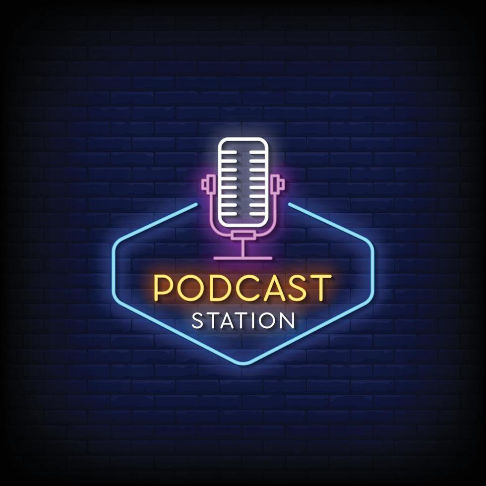 stazione di podcast design insegne al neon stile testo vettoriale