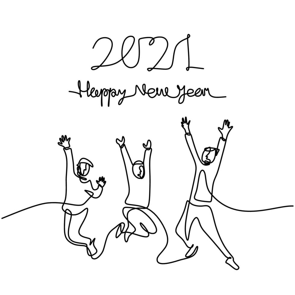 uomini e donne felici accolgono il nuovo anno continuo un disegno a tratteggio. maschio e femmina nel concetto di festa di Capodanno isolato su sfondo bianco. celebrare il nuovo anno 2021. illustrazione vettoriale