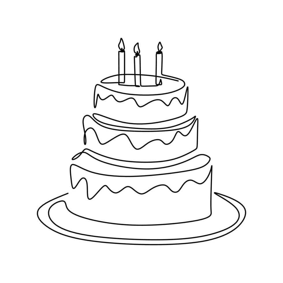 disegno a tratteggio continuo della torta di compleanno con candela. una torta con panna e candeline. concetto di celebrazione della festa di compleanno. momento felice su sfondo bianco illustrazione vettoriale minimalismo.