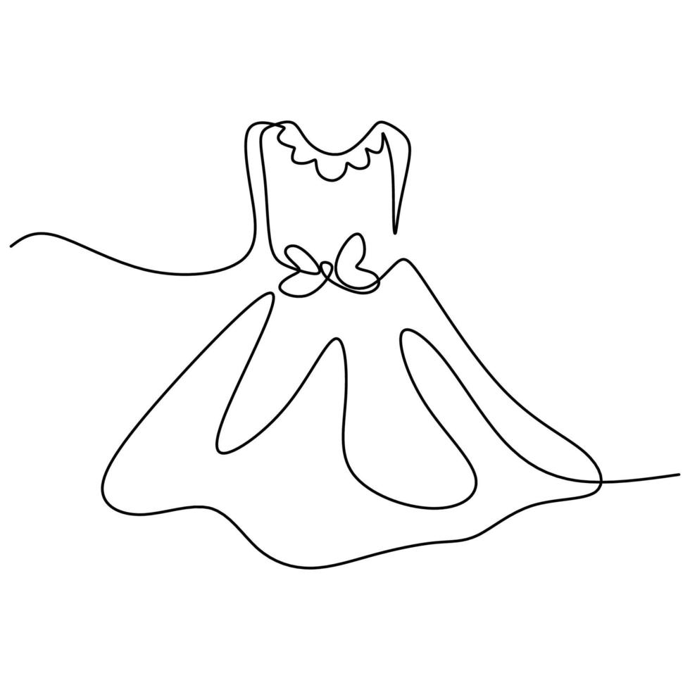 disegno continuo di una linea di un abito di bellezza. festa in abito corto per ragazza disegnata a mano dal design minimalista. concetto di vestiti della donna isolato su priorità bassa bianca. illustrazione vettoriale