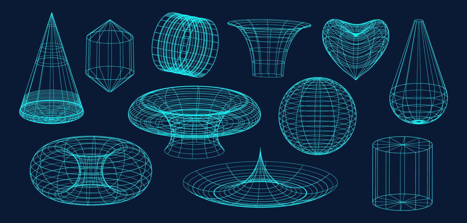 impostato di vettore 3d geometrico wireframe, forme, distorsione e trasformazione di figura nel neon menta colore