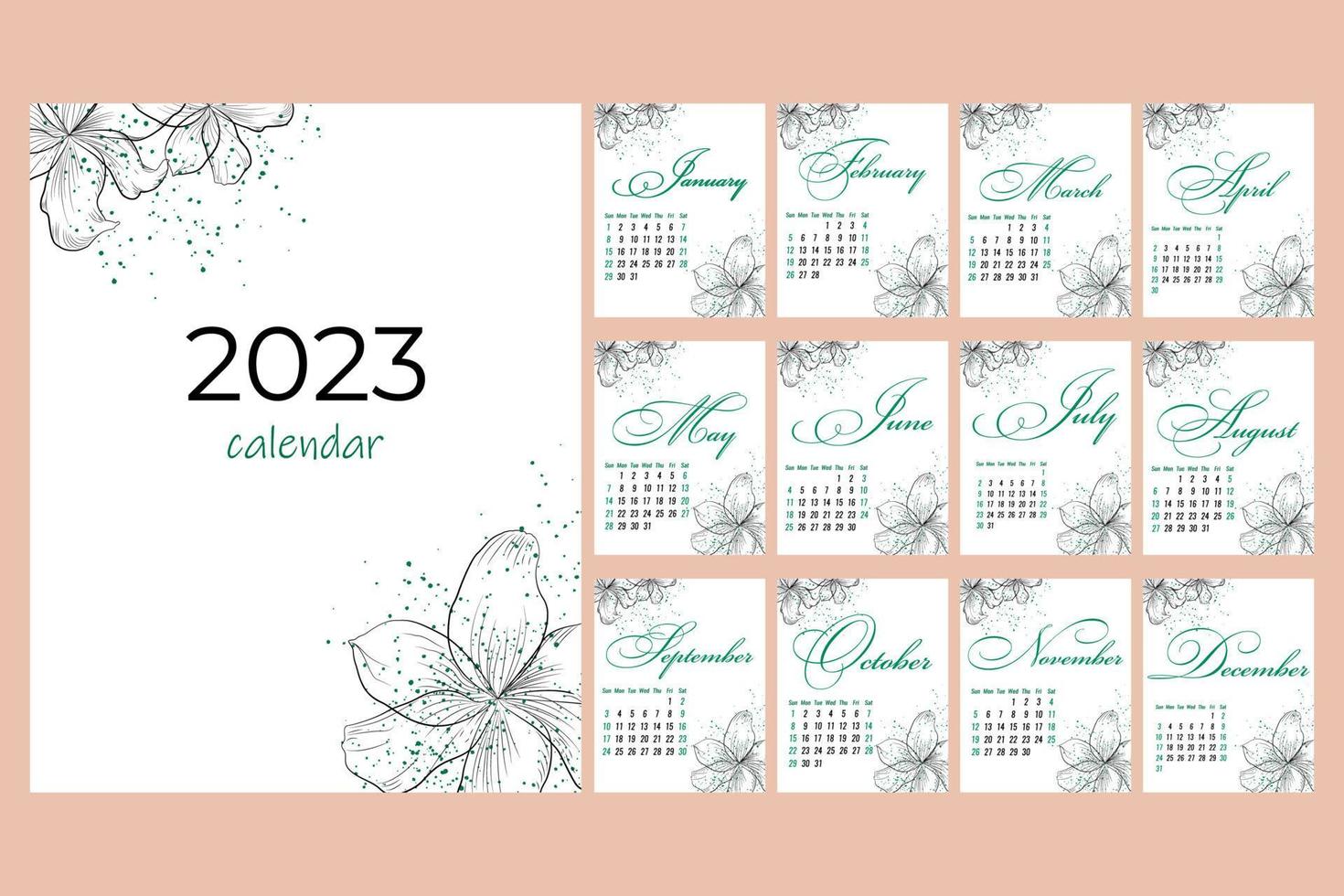 calendario 2023, minimalismo, fiori lineare schizzo, calligrafia e arredamento con astratto spruzzi vettore