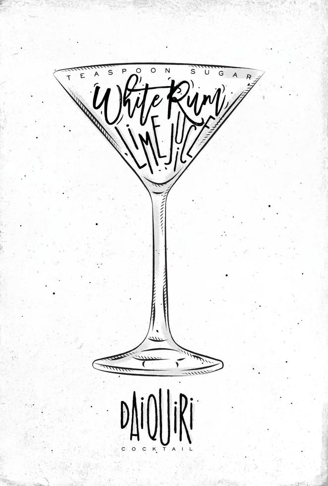 daiquiri cocktail lettering cucchiaino di zucchero, rum bianco, succo di lime in stile grafico vintage disegno su sfondo carta sporca vettore