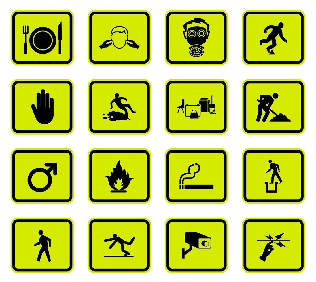 segni di avvertimento simboli di pericolo etichette segno isolato su sfondo bianco, illustrazione vettoriale