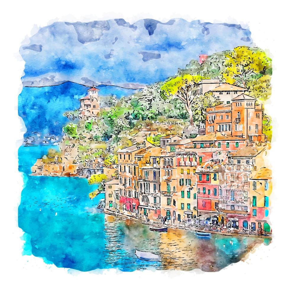 illustrazione disegnata a mano di schizzo dell'acquerello di portofino italia vettore