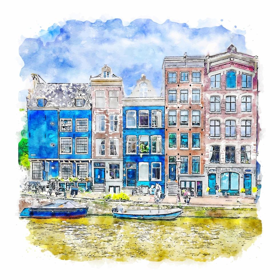 illustrazione disegnata a mano di schizzo dell'acquerello di amsterdam paesi bassi vettore