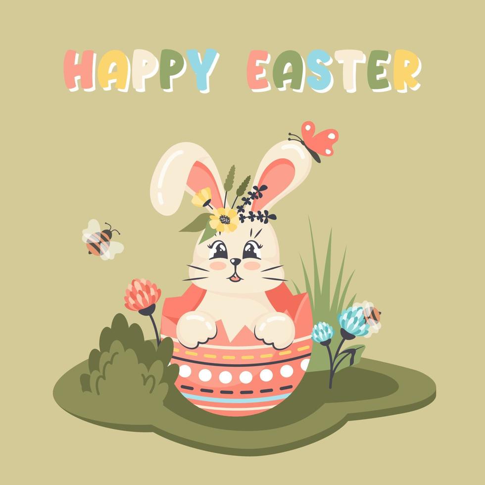 carino coniglietto seduta nel festivo tinti Pasqua uovo. comico coniglio con floreale ghirlanda su testa circostante prato. vettore cartone animato piatto illustrazione per saluto carta, religioso vacanza, vacanza, bandiera