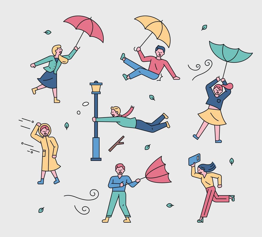 persone che volano con ombrelloni nel vento forte vettore