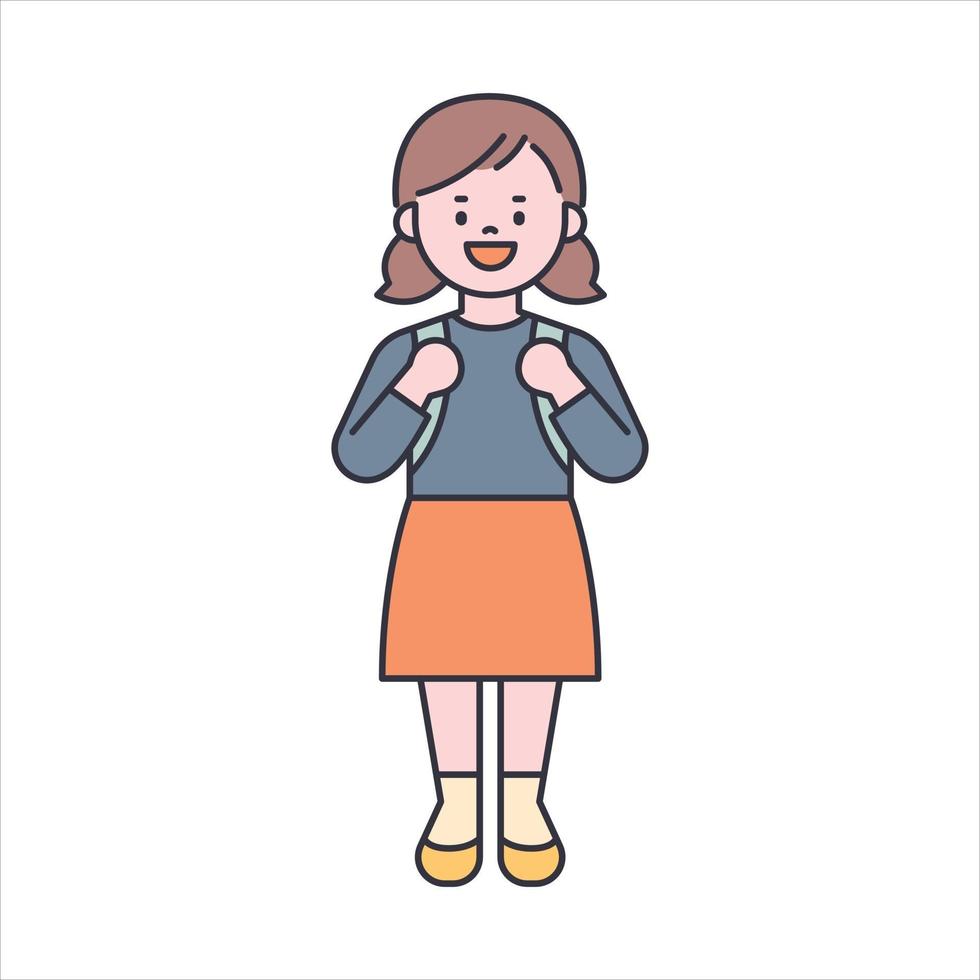 una bambina carina è in piedi e indossa uno zainetto. illustrazione di vettore minimo di stile di design piatto.