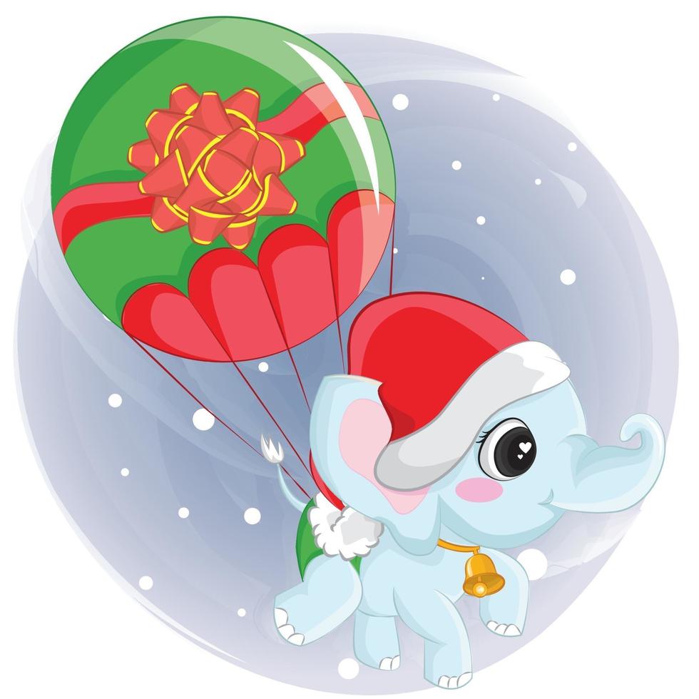 elefante carino che vola su un palloncino di Natale. elemento grafico per il giorno di Natale vettore
