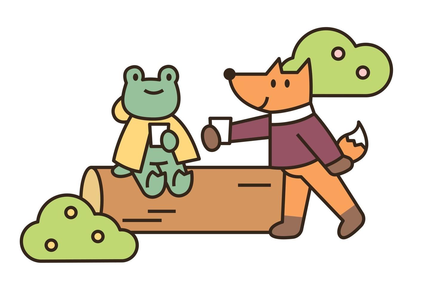 una rana e una volpe stanno riposando su un tronco. illustrazione di vettore minimo di stile di design piatto.