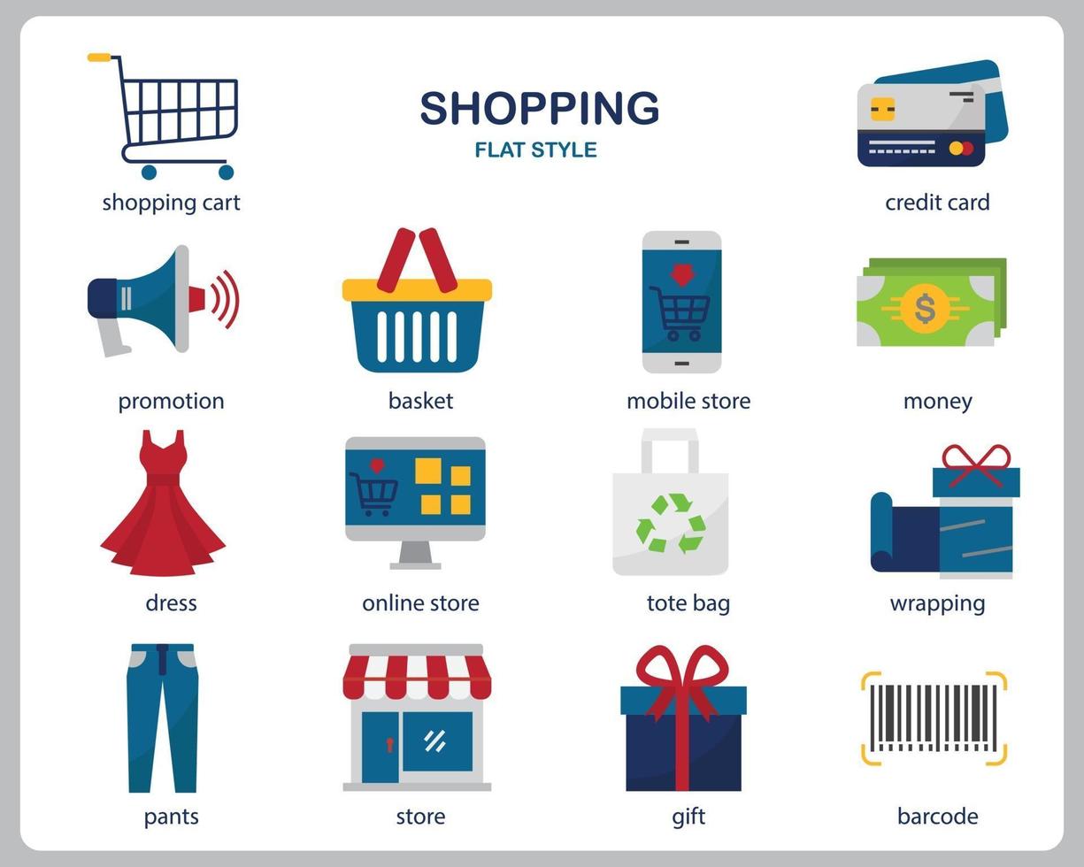 set di icone dello shopping per sito Web, documenti, poster design, stampa, applicazione. stile piatto icona di concetto di acquisto. vettore