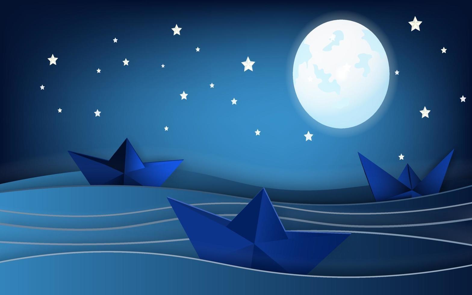 barche a vela sul paesaggio dell'oceano con la luna e le stelle nel cielo notturno vettore