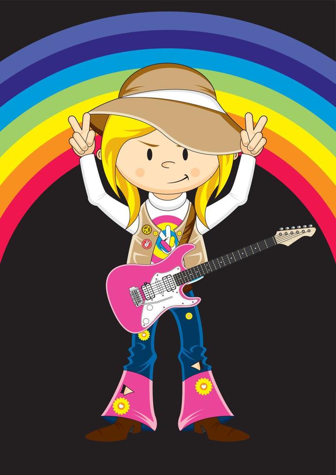 cartone animato anni sessanta hippie ragazza con elettrico chitarra vettore