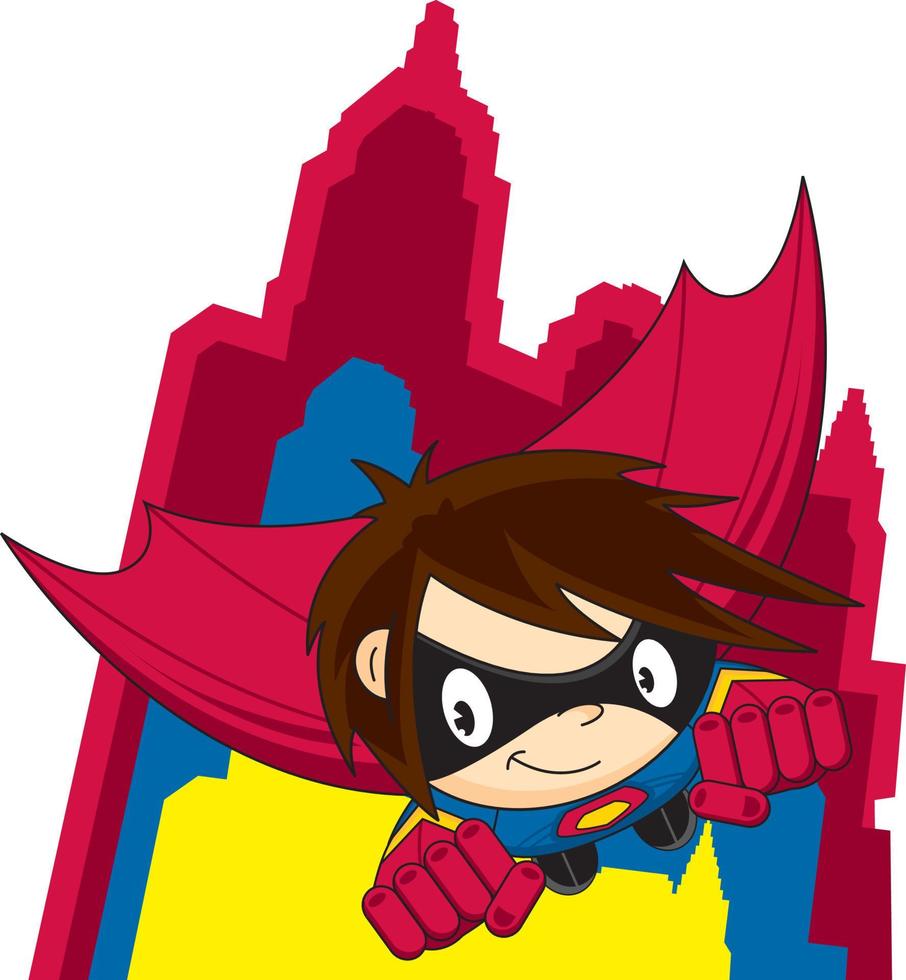 cartone animato eroico supereroe personaggio e grattacieli vettore