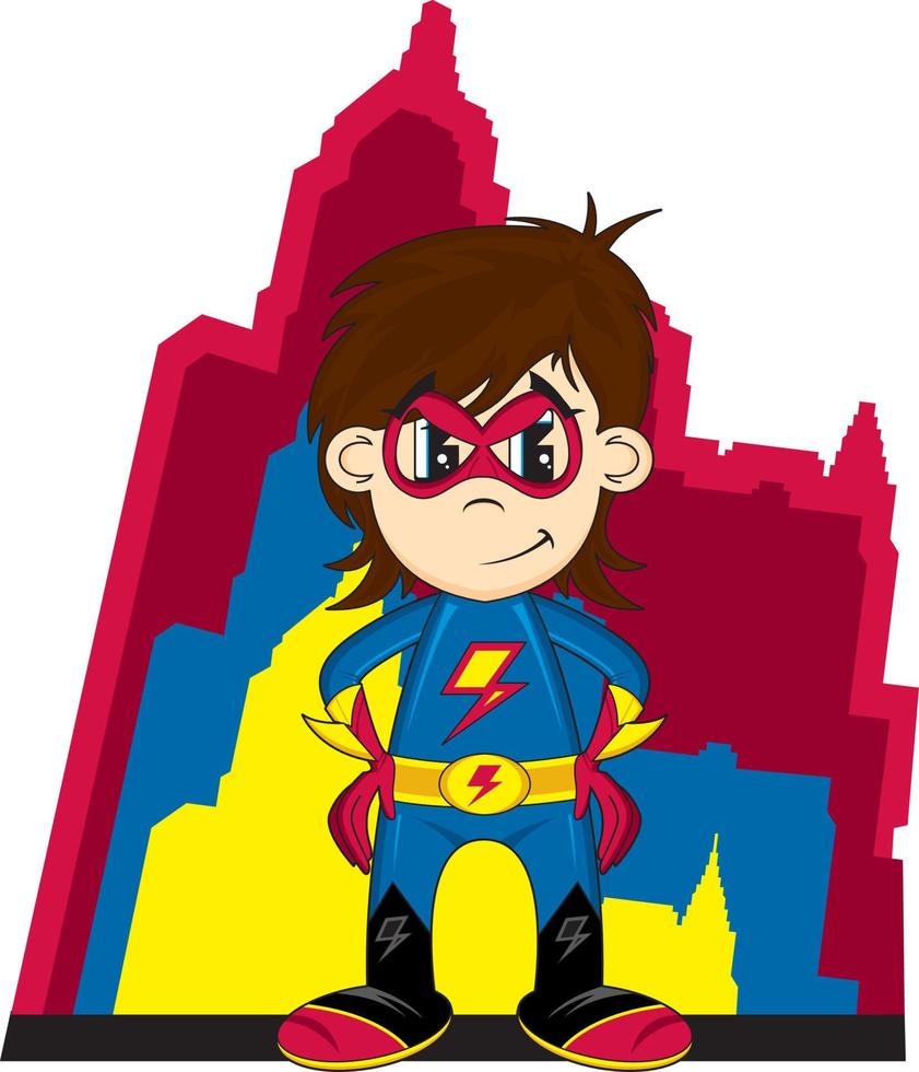 cartone animato eroico supereroe personaggio e grattacieli vettore